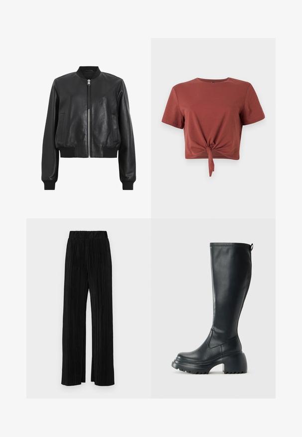 Black leather bomber jacket with a front zipper, ribbed collar and cuffs, featuring two side pockets. Smooth texture and cropped design.; Rust-colored cropped t-shirt in soft cotton with short sleeves and a knotted front detail. Smooth texture, round neckline.; Black pleated trousers with an elastic waistband. Features wide legs and a smooth, textured fabric with vertical stripes.; Tall black leather boot with chunky platform sole and block heel, featuring pull tab and textured tread on outsole.