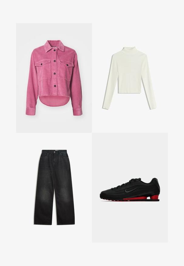 Roza kordna srajčna jakna s ovratnikom, sprednjimi žepi in črnimi gumbi. Ima krajši rez in teksturirane grebene po celotni površini.; Bela rebrasta turtleneck pulover z dolgimi rokavi in krajšim robom. Tkanina se zdi mehka z teksturiranim vzorcem.; Široke črne kavbojke z visokim pasom, ki vključujejo pet žepov in zadrgo. Tkanina ima gladko teksturo z rahlim izblitjem.; Črne Nike tekaške čevlje z rdečim podplatom in črnim swoosh logotipom, prikazani v stranskem profilu na belem ozadju.