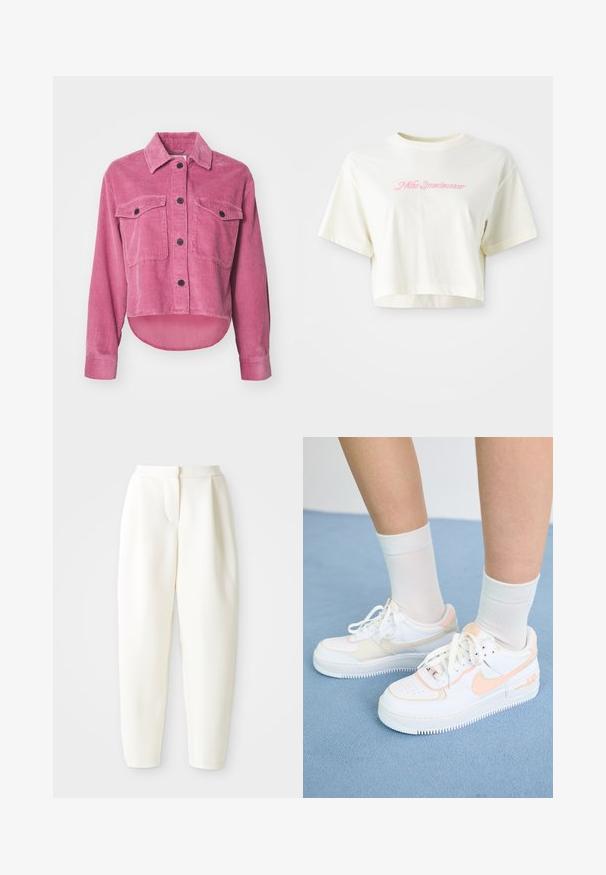 Pink corduroy shirt jacket with a collar, front pockets, and black buttons. Features a cropped hem and textured ridges throughout.; Cropped, cream-colored t-shirt made of cotton. Features a pink embroidered logo that reads "Nike Sportwear." Short sleeves and a round neckline.; High-waist tapered white pants with a concealed front closure and side pockets, displayed against a plain white background.; White sneakers with peach accents, smooth leather upper, perforated toe, textured sole, and laces. Worn with white crew socks on a blue surface.