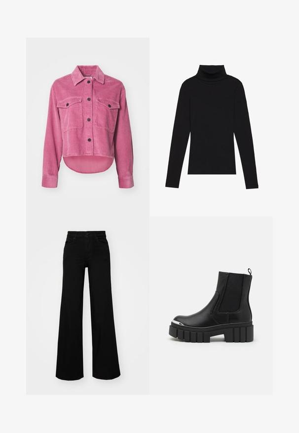 Roze corduroy shirt jacket met een kraag, voorzakken en zwarte knopen. Heeft een verkorte onderkant en structuurribbels door het hele oppervlak.; Zwarte turtleneck met lange mouwen, gemaakt van ribbelstof, heeft een aansluitend ontwerp met een hoge hals en geen patronen of accenten.; Zwarte wijdvallende broek van denim, met een gestructureerde tailleband, riemlussen en voorzakken. Glad van textuur met een klassiek ontwerp.; Zwarte enkellaarsjes van soepel leer met elastische panels, een dikke plateauzool en een metalen neuskap.