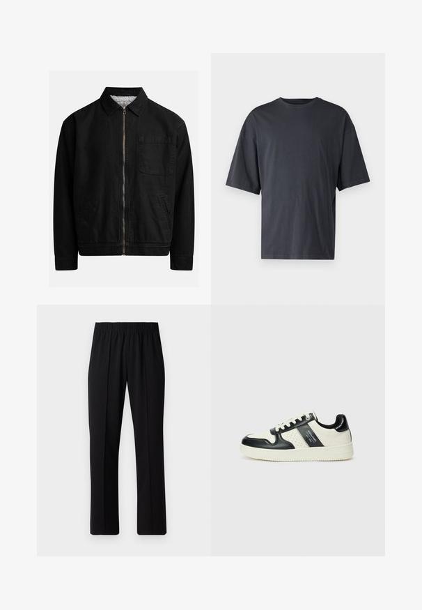 Must noir lukuga, krae ja, ühe rinna-tasku, kahe küljetasku ja pehme, tekstuuriga sisekattega.; Tumehall lühikeste varrukatega T-särk, mis on valmistatud kerge puuvilla segust, laia lõikega ja klassikalise ümmarguse kaelusega, täiesti sile ja ilma mustriteta.; Mustad, elastse puusärgid sirge säärega, mis on sileda tekstuuriga ja ilma nähtavate mustrite või riistadega.; Nahatud nahkkingad musta ja kreemi värviskeemiga, millel on perforeeritud aktsendid, pehme krae ja tekstureeritud tallad.