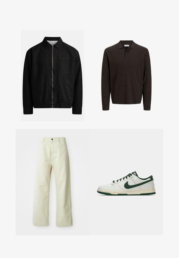 Čierna zapínacia bunda s golierom, jedným vreckom na hrudi, dvoma bočnými vreckami a mäkkou, štruktúrovanou vnútornou podšívkou.; Hnedá polo košeľa s dlhým rukávom vyrobená z textúrovanej látky. Má klasický golier a tri predné gombíky. Voľný strih s rebrovanými manžetami.; Svetlo žlté, široké džínsy s predným zapínaním na gombík, piatimi vreckami a rovný, nezdobený dizajn.; Biele nízke tenisky s tmavozeleným Nike swooshom, šnúrkami a akcentmi na podrážke, zobrazené v profile na jednoduchom bielom pozadí.