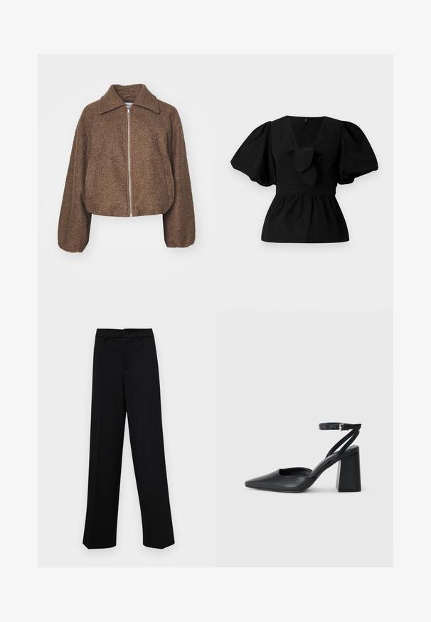 Chaqueta cortada marrón hecha de tela texturizada, con un cuello amplio y un cierre de cremallera plateado, mangas anchas y un acabado suave.; Blusa de algodón negra con escote en V, mangas abullonadas y un lazo en la cintura. El pecho está fruncido para dar forma de peplum.; Pantalones de pierna ancha negros, hechos de un tejido suave, con una cintura clásica que incluye un cierre de botón y pliegues frontales.; Zapato de tacón puntiagudo de cuero negro con tira en el tobillo y tacón ancho. Textura plana, diseño elegante y estética minimalista.