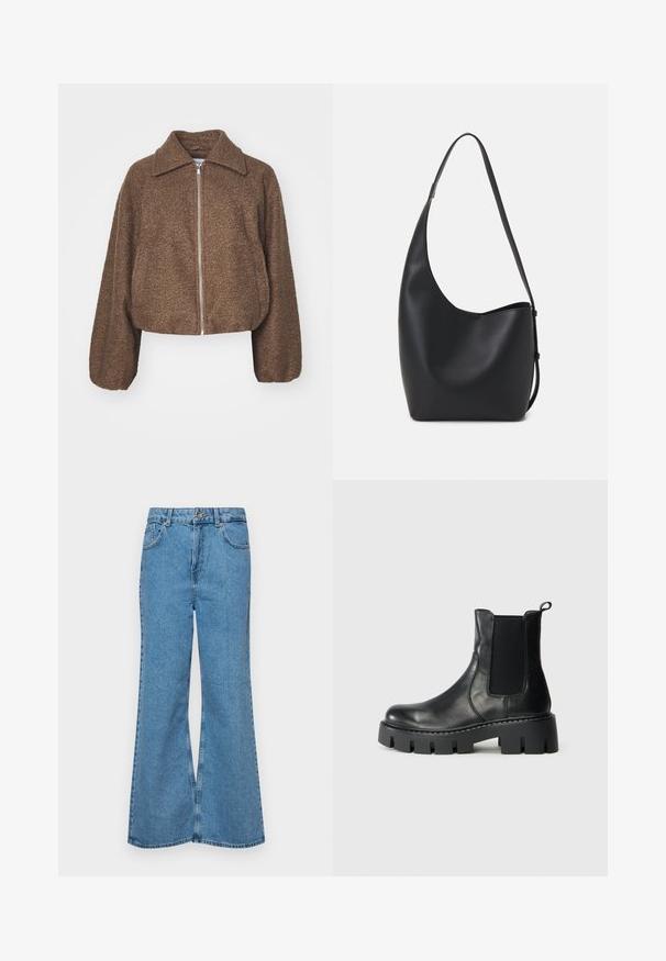 Καφέ κοντό μπουφάν από υφασμάτινη υφή, με ανοιχτό γιακά και ασημένιο φερμουάρ, ευρύ μανίκι και μαλακή υφή.; Μαύρο βαμβακερό μπλουζάκι με κοντά μανίκια, διαθέτοντας ένα μικρό ροζ γραφικό πεταλούδας στο αριστερό στήθος. Σχέδιο με στρογγυλή λαιμόκοψη και άνετη εφαρμογή.; Ανοιχτό γαλάζιο τζιν παντελόνι σε καμπάνα, κατασκευασμένο από τζιν ύφασμα, με ψηλή μέση, πέντε τσέπες και κλείσιμο με έναν μόνο κουμπί. Μαλακή υφή με ξεθωριασμένο φινίρισμα.; Μαύρο δερμάτινο μποτάκι έως τον αστράγαλο με ελαστικές πλάγιες επενδύσεις, παχύ λαστιχένιο πέλμα και βρόχο στο πίσω μέρος, σε ανοιχτό γκρι φόντο, πλάγια όψη.; Μαύρη δερμάτινη tote τσάντα με λείο υφή, καμπύλο σχήμα και μία ρυθμιζόμενη ζώνη. Διαθέτει μεγάλη άνοιγμα στην κορυφή.
