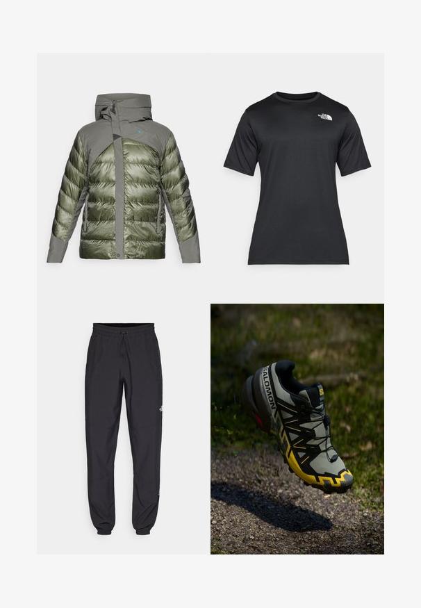 Zöld puffos kabát kapucnival, fényes és texturált anyag keverékével, cipzáras záródással és logóval a mellkas területén.; Fekete, rövid ujjú póló, könnyű, nedvességelvezető anyagból készült. Bal oldalon fehér logóval rendelkezik, és kerek nyakú.; Fekete sportnadrág, könnyű anyagból készült, húzózsinóros derékkal, oldalsó zsebekkel és szűkített szárakkal a bokáknál.; Salomon terepfutó cipő tompa szürke színben, élénk sárga kiegészítőkkel. Jellemzője a texturált talp, a biztos fűzési rendszer és a párnázott boka rész.