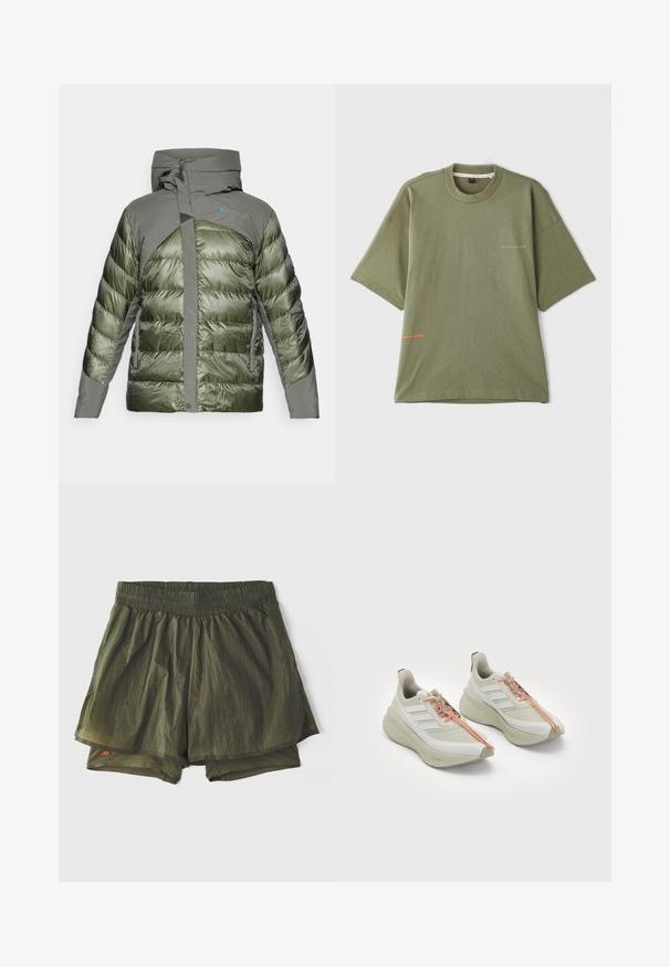 Giacca verde a girocollo con cappuccio, caratterizzata da un mix di tessuti lucidi e texture, chiusura con zip e logo sulla zona del petto.; T-shirt in cotone verde oliva con maniche corte, colletto a giro, e dettaglio testuale frontale in bianco e arancione. Texture liscia, vestibilità morbida.; Pantaloni sportivi verde oliva con vita elastica, fodera interna e pannelli perforati per la ventilazione. Design leggero e casual.; Scarpe sportive bianche con una tomaia testurizzata, caratterizzate da tre strisce diagonali, lacci arancioni e un design della suola curvato e imbottito.