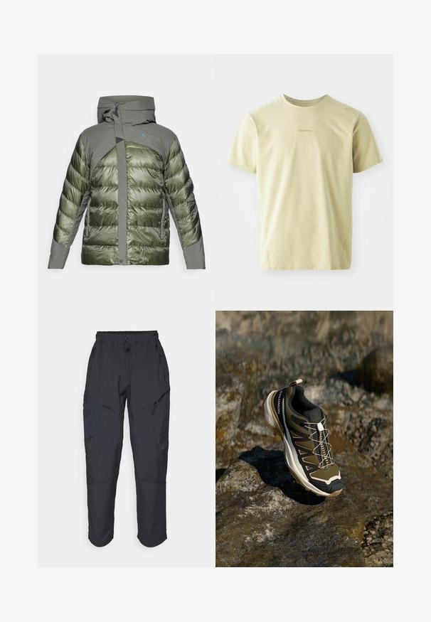 Zielona puchowa kurtka z kapturem, wykonana z połączenia błyszczącej i teksturowanej tkaniny, z zapięciem na zamek i logo na obszarze klatki piersiowej.; Salomon - Koszulka sportowa; Czarne spodnie cargo wykonane z lekkiego, wodoodpornego materiału; posiadają elastyczny pas, liczne kieszenie zapinane na zamek oraz zwężane nogawki.; Buty trekkingowe w oliwkowym zielonym i czarnym kolorze z różowymi akcentami. Posiadają teksturowaną górę, elastyczną podeszwę, wzmocniony czubek oraz kolorowy system sznurowania.