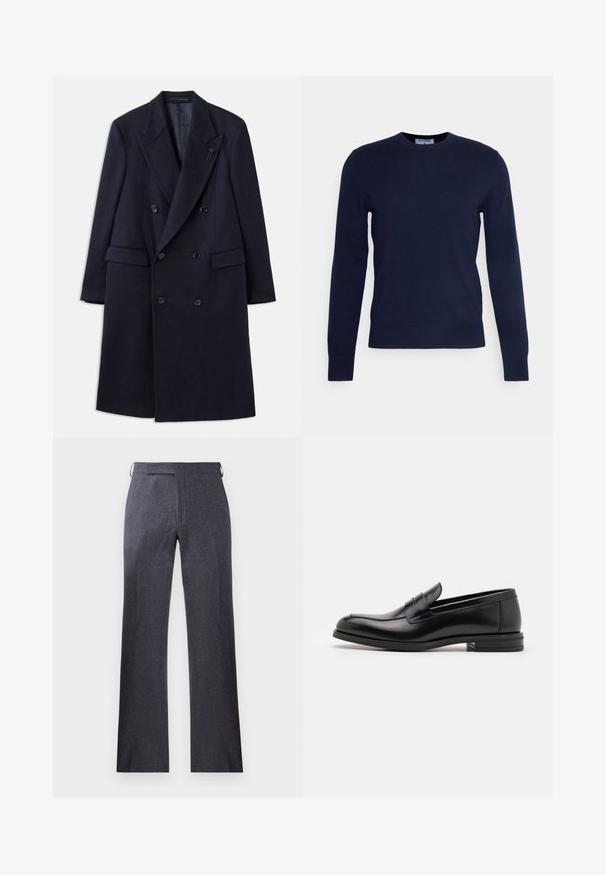 Cămașă bleumarin cu două rânduri de nasturi, cu guler în formă de V, realizată dintr-un material asemănător lânii. Are nasturi negri și buzunare frontale. Design minimalist.; Pulover bleumarin cu guler rotund, fabricat dintr-un material moale, având mâneci lungi și o terminare zimțată. Fără modele sau broderii vizibile.; Cămașă albă cu mânecă lungă, confecționată din bumbac, având un guler cu nasturi, un buzunar în față și o croială normală. Material texturat cu o suprafață netedă.; Pantaloni gri, croiți, fabricați dintr-un material texturat, având un croi drept, o pliantă subtilă și bucle laterale pentru prinderea curelei.; Mocasini din piele neagră cu o textură netedă, vârf rotund și o curea decorativă peste partea superioară. Toc mic, design minimalist.