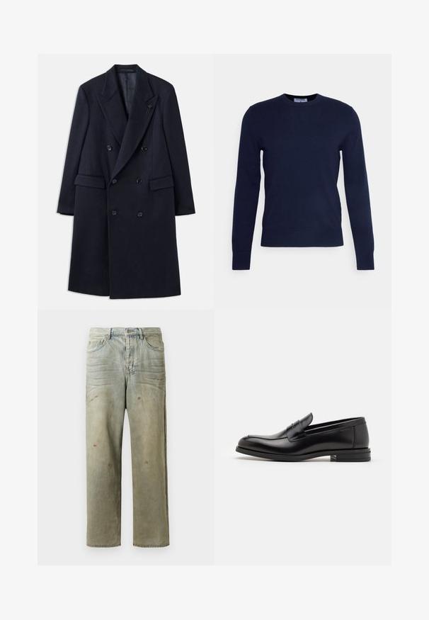 Kaksikordne mereväe sinine jakk sakilise kraega, valmistatud villase sarnase materjali. Mustad nööbid ja eesmine taskud. Minimalistlik disain.; Tumedat navy-sinise värvi ümarkaelusega soojusjakid, mis on valmistatud pehmest kangast, pikkade varrukate ja ribakujulise alläärega. Pole nähtavaid mustreid ega kaunistusi.; Pikkade varrukatega valge puuvillane särk, millel on nööbitav krae, eesmine tasku ja tavaline lõike. Tekstureeritud kangas, mille pind on sile.; Karmiinroheline kulunud denim teksapüksid, millel on sirge jalg, viie taskuga disain ning ebaühtlane pleekimine koos värvikrõpsudega.; Mustad mustad nahast loafers sileda tekstuuriga, ümarat ninaosa ja dekoratiivne riba vampi üle. Madal kihiline konts, minimalistlik disain.