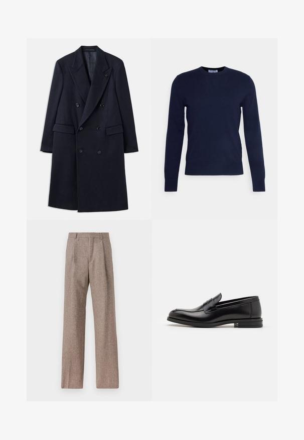 Kétsoros, tengerészkék kabát, hegyes gallérral, gyapjúhoz hasonló anyagból készült. Fekete gombokkal és elülső zsebekkel rendelkezik. Minimalista kialakítás.; Tengerészkék, kerek nyakú pulóver, puha anyagból készült, hosszú ujjal és bordás szegéllyel. Nincsenek látható minták vagy díszítések.; Hosszú ujjú fehér ing, pamutból készült, gombos gallérral, elülső zsebbel és normál szabással. Texturált anyag, sima felülettel.; Barna, magas derekú nadrág texturált anyagból. Széles szárai és két elülső redője biztosítja a struktúrát. Ízléses kivitel, látható fémszerelés nélkül.; Fekete bőr loaferek sima textúrával, kerek orral és dekoratív pánttal a vampnál. Alacsony, rétegelt sarkú, minimalista dizájn.