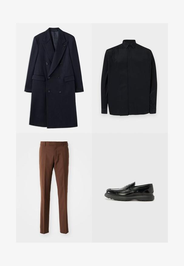 Kétsoros, tengerészkék kabát, hegyes gallérral, gyapjúhoz hasonló anyagból készült. Fekete gombokkal és elülső zsebekkel rendelkezik. Minimalista kialakítás.; Fekete, hosszú ujjú ing sima anyagból, klasszikus gallérral, gombos zipzárral, laza szabással és megkötött ujjakkal.; Barna, szabott nadrág lapos elülső résszel, egyenes lábbal, sima textúrával és övhurkokkal. Nincsenek látható minták vagy fém részletek.; Fekete bőr loafer, fényes felülettel, kerek orral, diszkrét varrási részletekkel és vastag gumitalppal a tartósság érdekében.