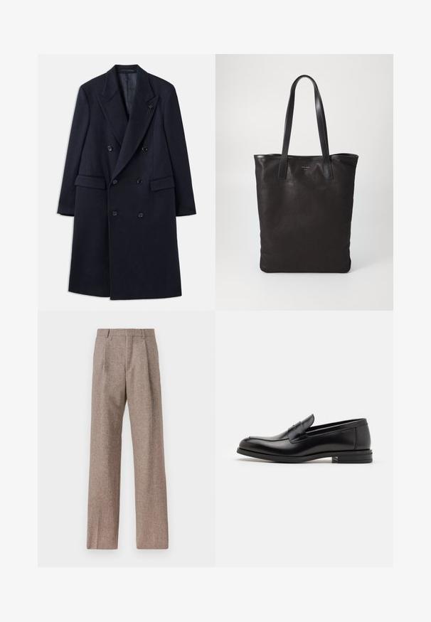 Dubbelzijdige marineblauwe jas met een geknipte kraag, gemaakt van een wolachtig materiaal. Beschikt over zwarte knopen en voorzakken. Minimalistisch ontwerp.; Witte longsleeve shirt van katoen, met een button-down kraag, een voorzak en een regular fit. Textuurstof met een gladde oppervlakte.; Bruine, hooggewaisted broeken van een gestructureerde stof. Heeft wijde benen en twee voorplooien voor extra structuur. Net afgewerkt zonder zichtbare hardware.; Zwarte leren instappers met een gladde textuur, ronde neus en een decoratieve band over de wreef. Lage, gestapelde hak en minimalistisch ontwerp.; Zwarte canvas schoudertas met zwarte leren handvaten. Eenvoudig ontwerp, ruime body en een gladde textuur. Geen zichtbare logo's of patronen.