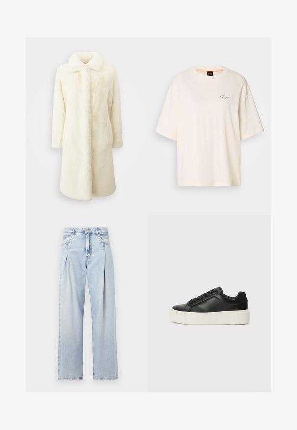 Hvid faux fur frakke med en blød tekstur, lange ærmer og krave. Har frontlommer og en lige silhuet.; Hvid oversized T-shirt lavet af blødt stof, med rund hals og korte ærmer, prydet med et lille sort "Boss" logo på forsiden.; Lyseblå denim jeans med høj talje, bred benåbning, to sidelommer og plisseret design. Blød tekstur med et falmet finish.; Sort lædersneaker med rund tå, hvid platformssål og sorte snørebånd. Har et diskret logo på hælen og en glat overflade.