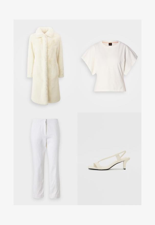 Balts mākslīgās kažokādās mētējs ar mīkstu tekstūru, garām piedurknēm un apkakli. Iezīmē priekšējās kabatas un taisnu siluetu.; Balts īsais T-krekls, plašas īsas piedurknes, mīksts kokvilnas materiāls, apaļa kakla izgriezums ar delikātu oranžu apdari, minimāls dizains, bez rakstiem vai grafikām.; Baltas kokvilnas bikses ar taisnu kāju dizainu, ar vidēju augstumu un bez redzamām detaļām vai rakstiem. Visā virsmā ir gluda tekstūra.; Beige bloku papēžu sandales ar plānām siksnām un kvadrāta formas purngalu. Gluda materiāla virsma ar minimālām detaļām, paredzētas ērtai nēsāšanai.