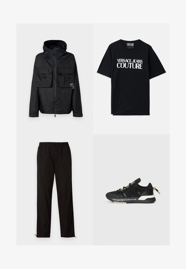 Črna zip-up jakna s kapuco, ki ima dva sprednja žepa na prsih, oznako na levem žepu in gladko, sijočo teksturo.; Črna bombažna majica s kratkimi rokavi, ki na sprednji strani prikazuje veliko belo besedilo "VERSACE JEANS COUTURE". Klasična zasnova s krožnim ovratnikom.; Črne lahke hlače z elastičnim pasom, zapiranjem na vrvico in zadrgo na robovih za prilagodljivost. Gladka, sijoča tekstura.; Črne atletske superge z eleganten dizajn, ki vključujejo zlato blagovno znamko, elastične vezalke in teksturiran podplat z belimi akcenti.