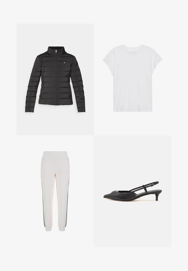 Čierna nadýchaná bunda s vyvýšeným golierom, zipsom, horizontálnym prešívaním a malou logovú nášivkou na ľavej hrudi.; Biela krátka rukávová tričko s okrúhlym výstrihom, voľný strih, vyrobené z jemnej bavlnenej látky. Hladká textúra, bez vzorov alebo log.; Biele jogger nohavice vyrobené z mäkkej látky, s rebrovaným pásom a čiernymi bočnými pruhmi s detailom loga vpredu.; Čierne slingback topánky s ostrou špičkou, vyrobené z hladkého materiálu, so malým podpätkom a dekoratívnym strieborným akcentom na priehlavku.