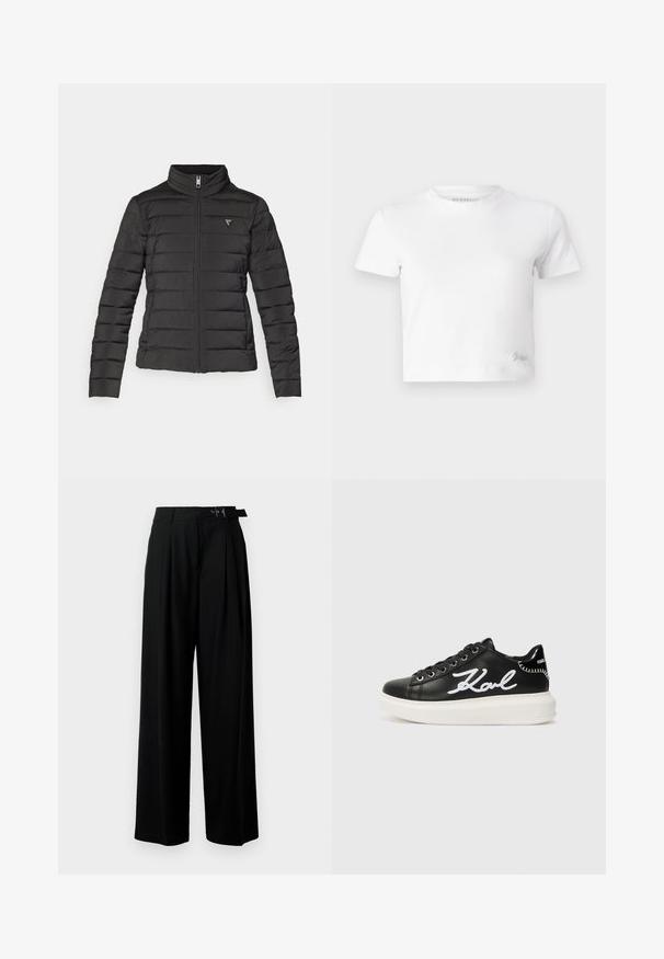 Jaqueta puffer preta com gola alta, fecho de correr, costura horizontal e um pequeno emblema na área do peito esquerdo.; T-shirt cropped branco feito de algodão suave, com um decote alto e mangas curtas. Pequeno logótipo bordado no canto inferior.; Calças largas pretas de cintura alta, com pregas à frente e um cinto com fivela. Feitas de um tecido liso e leve.; Sapatilhas de couro preto com detalhe em bordado branco "Karl", biqueira redonda, design com atacadores e uma sola branca espessa com acabamentos texturizados.
