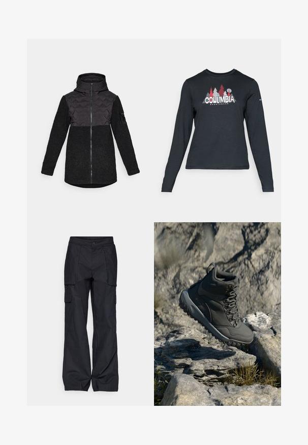 Zwarte hooded jacket met een gewatteerd borstpaneel, rits aan de voorkant, een textuur fleece body en mouwen, en een klein zakje op de linkerbovenarm.; Langsluitend donkergrijs shirt met lange mouwen, versierd met een grafisch ontwerp van rode bomen en bergen; het "COLUMBIA"-logo in vet witte tekst. Zacht materiaal, standaard ronde hals.; Columbia BREA FALLS™ COTTON RIPSTOP PANT - Outdoorbroeken - black; Donkergrijze wandelschoen van synthetisch materiaal, met een gewatteerde schacht, metalen veterogen en een getextureerde rubberen zool voor grip.