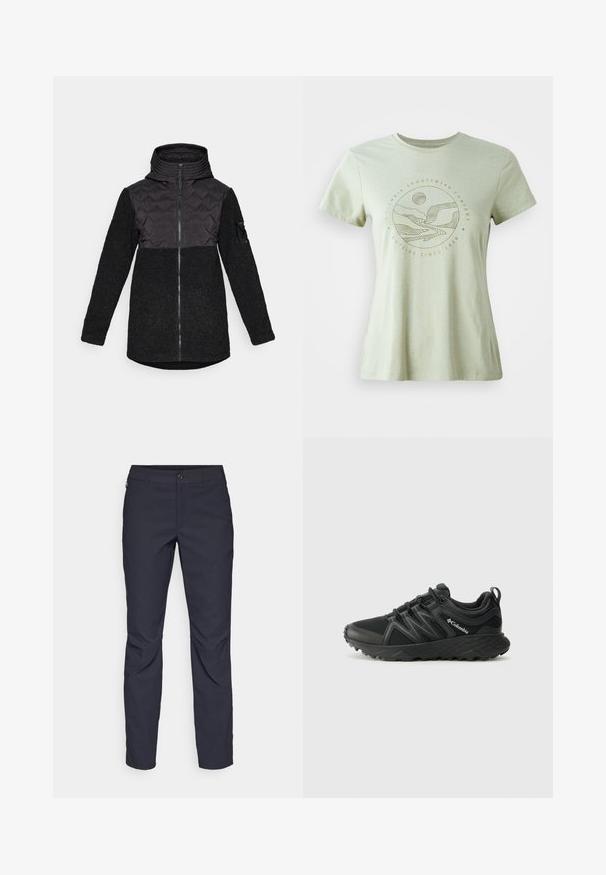 Chaqueta con capucha negra, panel acolchado en el pecho, cierre de cremallera en la parte frontal, cuerpo y mangas de felpa texturizada, y un pequeño bolsillo en el brazo izquierdo.; Camiseta de manga corta verde claro con un gráfico circular en beige, que representa montañas, un río y el sol. Tejido suave con cuello redondo.; Pantalones azul marino de tela suave, que presentan un cierre delantero con botón, un diseño ajustado y detalles con pliegues en las rodillas.; Columbia PEAKFREAK - Zapatillas de senderismo - black
