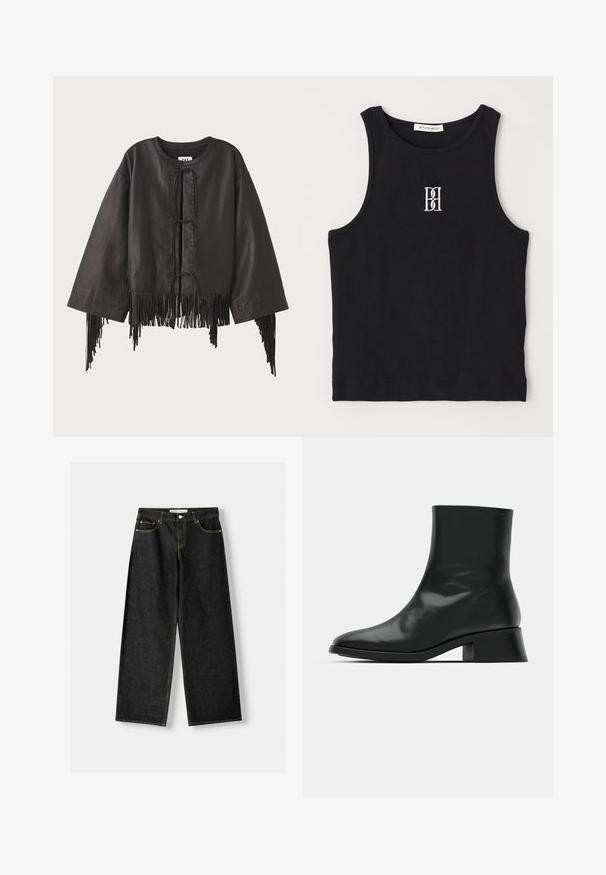 Schwarze Lederjacke mit cropped Schnitt und weiten Ärmeln, ausgestattet mit einer Frontschnürung und Fransenverzierungen am Saum sowie an den Ärmeln.; Schwarzes, geripptes Tanktop mit rundem Ausschnitt und besticktem Logo in Weiß. Der Stoff hat eine glatte Textur und eine körperbetonte Passform.; Schwarze Jeans mit weitem Bein aus Denim, mit fünf Taschen, metallischem Knopf und Reißverschluss und kontrastierenden gelben Nähten entlang der Nähte.; Schwarze Ankle Boots aus glänzendem Leder, mit einem eleganten Design, spitzer Zehenpartie und einem moderaten Blockabsatz für Stabilität.