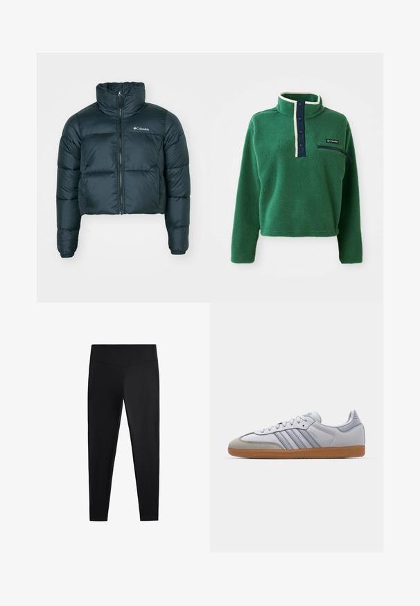 Tmavě zelená, zkrácená péřová bunda s vysokým límcem, plným zipem a elastickými manžetami. Obsahuje logo na levé hrudi a prošívanou texturu.; Zelený fleecový svetr s vysokým límcem, námořnickými knoflíky a zipovou kapsou. Má měkkou texturu a kontrastní krémové lemování.; Černé legíny vyrobené z hladkého, elastického materiálu. Mají široký pas a zúžený střih nohavic, vhodné pro aktivní nebo volnočasové nošení.; Bílé kožené tenisky s světle modrými akcenty, šedým semišovým špičkou a hnědou gumovou podrážkou. Obsahují tři modré pruhy a branding "Samba".