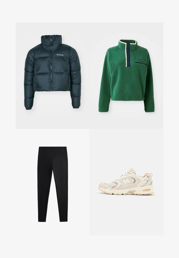 Temno zeleni, skrajšani pufferjakna z visokim ovratnikom, polnim zadrgo in elastičnimi manžetami. Ima logo na levem prsnem delu in prešito teksturo.; Zelen pulover iz flisa z visokim ovratnikom, mornarsko gumbastim zapiranjem in žepom na zadrgo. Ima mehak otip in kontrastne kremne obrobe.; Črne legice iz gladkega, raztegljivega blaga. Imajo širok pas in zožen dizajn nog, primeren za aktivno ali vsakodnevno nošenje.; Bež športni čevlji z mrežasto in sintetično oblogo, ki imajo teksturirano površino, podložen ovratnik in 'ABZORB' blaženje v peti.