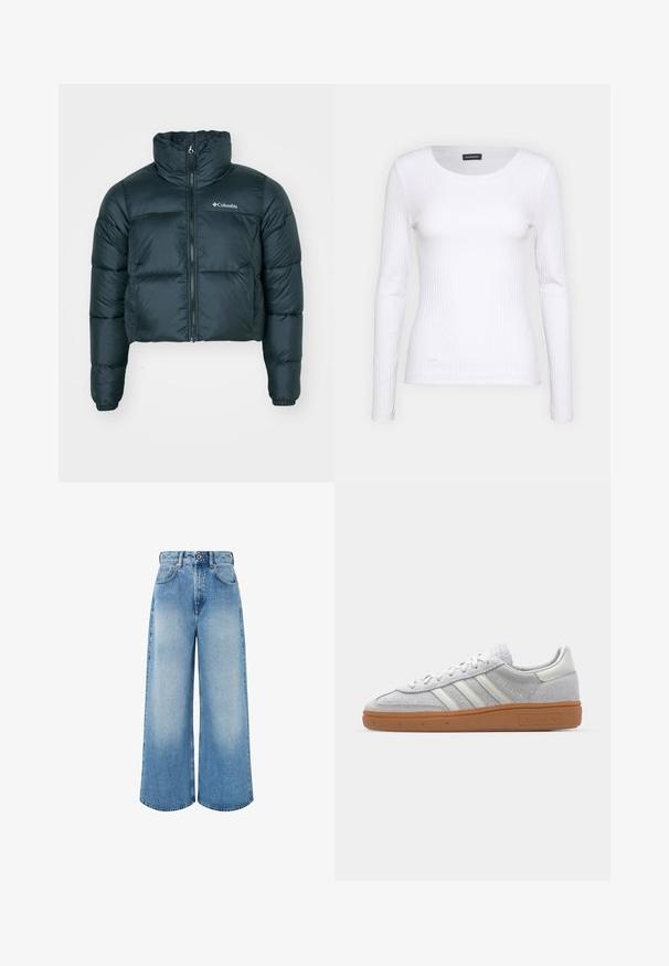 Mørkegrøn, cropped pufferjakke med høj krave, fuld lynlås og elastiske manchetter. Har et logo på venstre bryst og quiltet struktur.; Hvid ribbet langærmet trøje med rund halsudskæring. Fremstillet af et strækstof, der sidder tæt til kroppen. Har subtile horisontale linjer.; Lyseblå vidde jeans lavet af denim, med høj talje, knaplukning og subtil falmning med rene kantkanter.; Lys grå ruskinds sneaker med hvide læderdetaljer, tre hvide striber og en brun gummisål, der har en polstret krave for komfort.