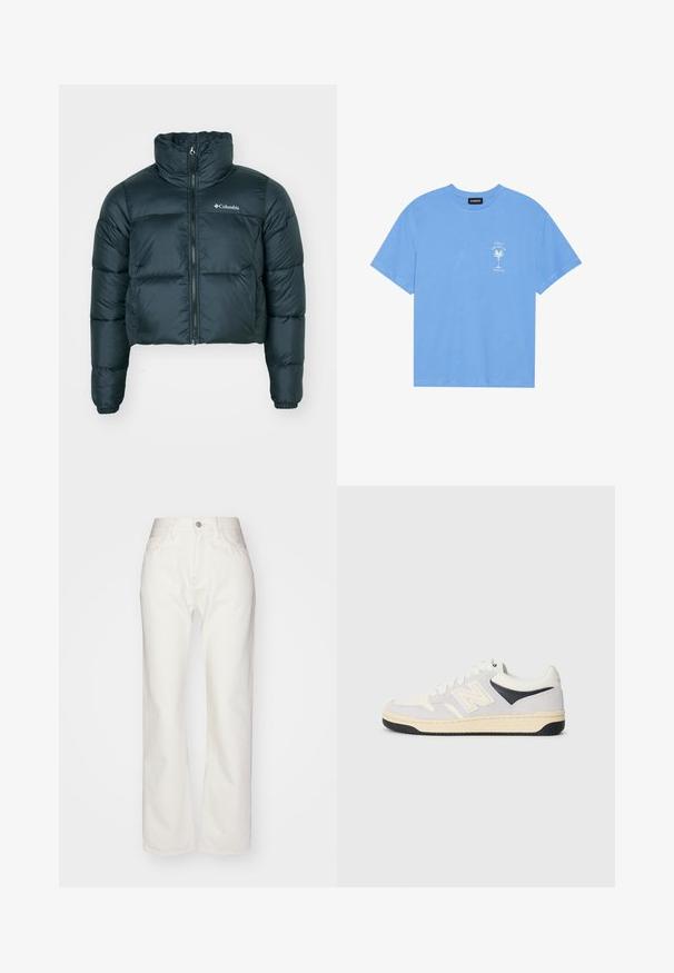 Veste matelassée courte, de couleur vert foncé, avec un col montant, une fermeture éclair complète et des poignets élastiques. Présente un logo sur la poitrine gauche et une texture matelassée.; T-shirt en coton bleu clair avec un col rond. Présente un graphique blanc d'un palmier et un texte sur la zone supérieure gauche de la poitrine. Manches courtes.; Pantalons en denim blanc avec une taille haute et une coupe évasée. Comprend une fermeture à bouton et à fermeture éclair, des passants de ceinture et des détails de couture subtils.; Baskets de sport en blanc, gris et noir. Comprend des matériaux en daim et textile, une pointe perforée et un logo sur le côté. Semelle en caoutchouc.