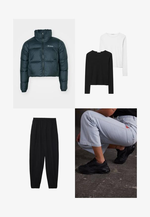 Mørkegrøn, cropped pufferjakke med høj krave, fuld lynlås og elastiske manchetter. Har et logo på venstre bryst og quiltet struktur.; Sorte og hvide langærmede t-shirts med rund hals, blødt stof og en tætsiddende design med lige kant.; Sort, lette bukser med elastisk talje og sammenfoldede ankler. Stoffet er glat og har et afslappet, indsnævret design.; Sorte atletiske sneakers med en tekstureret overdel, tykk sål og luftdæmpning. Parret med lyseblå cropped bukser i en afslappet stilling.