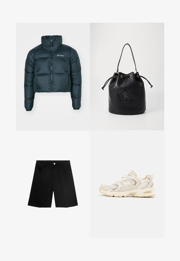 Donkergroene, cropped pufferjack met hoge kraag, volledige rits en elastische manchetten. Voorzien van een logo op de linkerkant van de borst en een gestikte textuur.; Witte cropped t-shirt gemaakt van ribgebreide stof. Heeft een ronde halslijn en korte mouwen. Zwart geborduurd "cK" logo op de borst.; Zwarte denim shorts met een rechte snit, vijf zakken en een zilveren knoopsluiting. Gladde textuur met minimale stikseldetails.; Beige sport schoenen met gaas- en synthetische overlays, voorzien van een textuur, een gevoerde kraag en "ABZORB" demping bij de hiel.; Zwarte leren emmer tas met trekkoord sluiting, voorzien van een glanzend "CK" logo aan de voorkant en gouden hardware accenten.