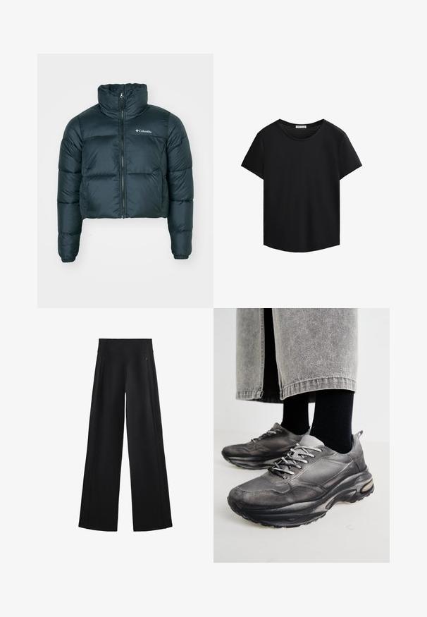 Tummanvihreä, lyhyeksi napsautettu untuvatakki, jossa on korkea kaulus, täysi vetoketju ja joustavat hihansuut. Sisältää logon vasemmassa rinnassa ja tikatun pinnan.; Mustat lyhythihaiset T-paidat, joissa on pyöreä pääntie ja rei'itetty verkko-ominaisuus olkapäillä. Suuri kangas, rento istuvuus, kaareva helma.; Mustat, leveälahkeiset housut, jotka on valmistettu pehmeästä kankaasta. Niissä on korkea vyötärö ja kaksi vetoketjullista taskua, sekä huomaamattomat saumat sivuilla.; Musta ja harmaa urheilukengät sisältävät verkkomateriaalista valmistetun päällisen, paksut pohjat ja nauhat. Kenkien kärki on pyöristetty ja niissä on näkyvää pehmustusta.