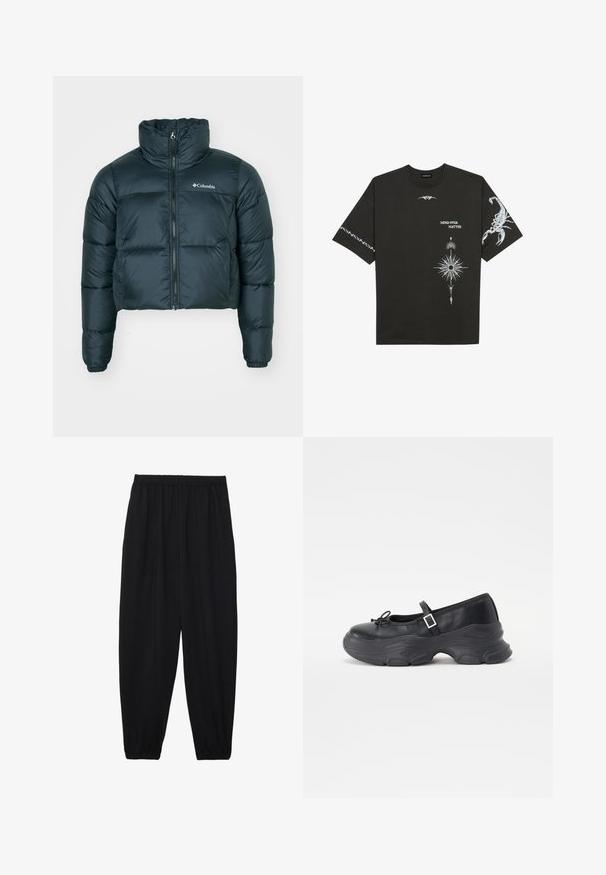 Dark green, cropped puffer jacket with high collar, full zipper, and elastic cuffs. Features a logo on the left chest and quilted texture.; Black cotton t-shirt featuring white graphic prints, including a scorpion and abstract designs. Short sleeves; round neckline.; Black, lightweight pants with an elastic waistband and gathered ankles. The fabric is smooth and features a relaxed, tapered design.; Black leather Mary Jane shoe with a rounded toe, bow detail, and an adjustable ankle strap. Features a chunky rubber sole with curved accents.