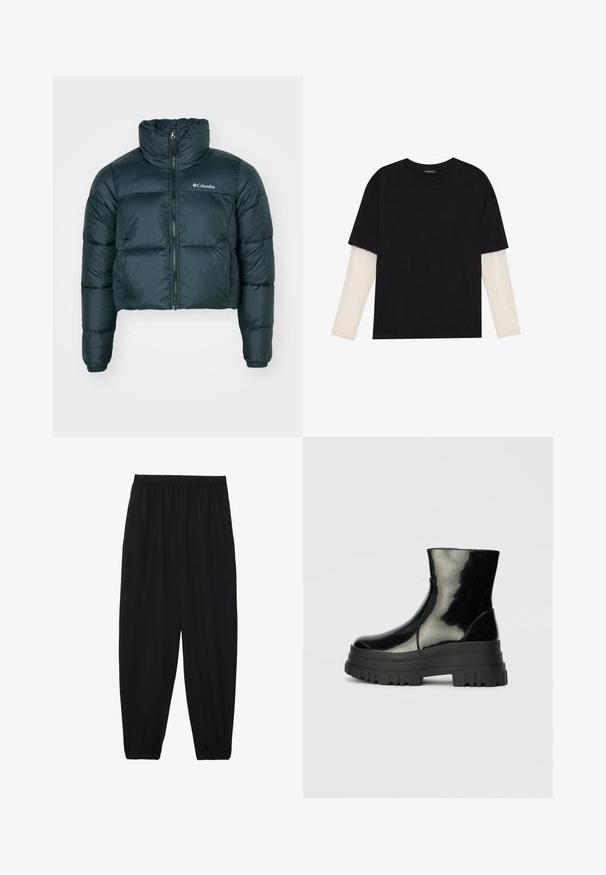 Tume roheline lühike puhv jacket kõrge kraega, täispikk tõmblukk ja elastsed mansetid. Omab logo vasakul rindkerel ja tikitud tekstuuri.; Mustmust särk, mis on valmistatud puuvillast, lühikeste varrukatega, valge pika varrukaga kihi peal, millel on peene tekstuuriga muster. Ümar kaelus.; Mustad, kerge kangas püksid elastse vöökoha ja kokku volditud pahkluudega. Kanga pind on sile ja disain on lõdvestunud, kitsenev.; Must mustakate läikiv ankle boot paksu lõkkeka üle ja ümarate varvastega, külgvaates halli ühtlase taustal.