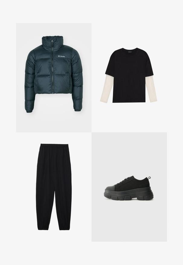 Casaco corta-vento acolchoado verde-escuro, com gola alta, fecho de correr completo e punhos elásticos. Apresenta um logótipo no lado esquerdo do peito e textura matelassada.; T-shirt preta de algodão, com mangas curtas sobre uma camada de mangas longas branca com um padrão texturizado subtil. Design de decote redondo.; Calças pretas, leves, com um cinto elástico e punhos franzidos. O tecido é suave e apresenta um design relaxado e afunilado.; Sneakers pretos com sola de borracha robusta, parte superior de tecido texturizado, bico redondo e design de atacadores. Apresenta ilhós reforçados e uma alça na parte posterior.