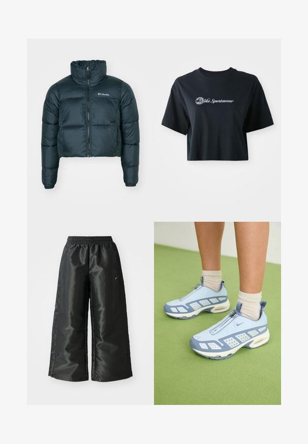 Donkergroene, cropped pufferjack met hoge kraag, volledige rits en elastische manchetten. Voorzien van een logo op de linkerkant van de borst en een gestikte textuur.; Korte zwarte katoenen t-shirt met korte mouwen, voorzien van witte tekst "Vice Sportswear" en een ronde afbeelding aan de voorkant.; Zwarte sportbroek van een glanzende, gladde stof, met een elastische tailleband, wijde pijpen en een klein logo aan de linkerkant.; Lichtblauwe sportieve schoenen met witte accenten, textuurpanelen en een ritsluiting. Voorzien van een zichtbare luchtkussenzool en een rubberen buitenzool.