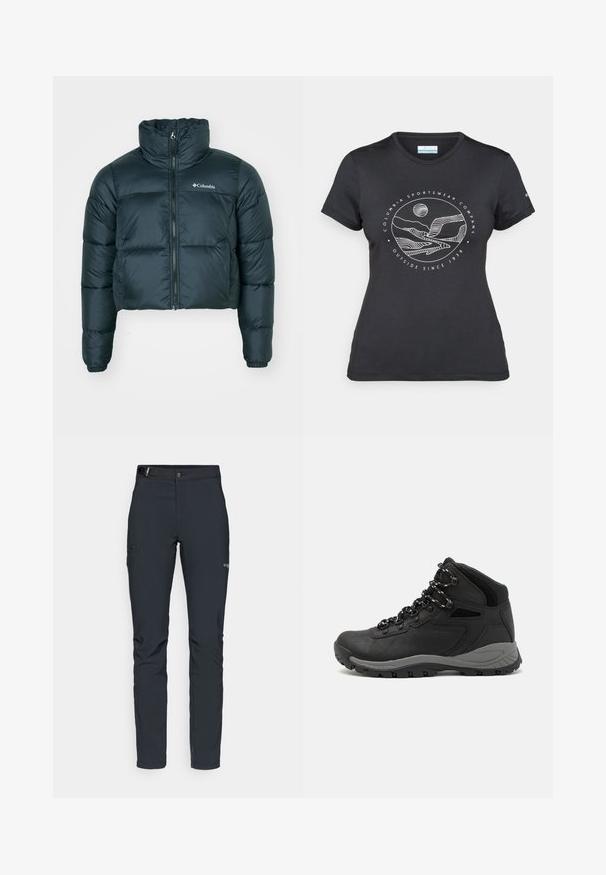 Dark green, cropped puffer jacket with high collar, full zipper, and elastic cuffs. Features a logo on the left chest and quilted texture.; Black Columbia t-shirt with white circular mountain and river line art and text "Columbia Sportswear Company Outside Since 1938."; Men's outdoor pants, dark gray, made from flexible material, featuring a belt, zippered pockets, and reinforced stitching.; Black hiking boot with a mid-top design, featuring a textured upper, gray accents, and durable rubber sole with traction lugs.