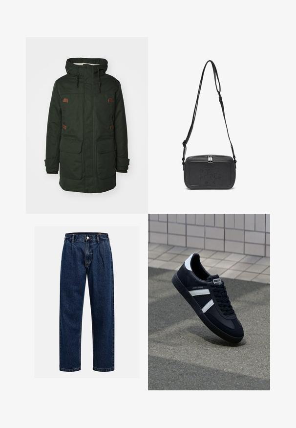 Žalias vandeniui atsparus parka su kailiniu neužtraukiamu gaubtu, dviem didelėm priekinėm kišenėm, rudos odos akcentais ir reguliuojamais raišteliais.; GAP Sportinis megztinis - black; Tamsiai mėlynos džinsinės kelnės su tiesiu sijonu. Savybė - matoma siūlė, mygtuko uždarymas ir priekinei daliai raukiniai, suteikiantys papildomą detales.; Juodas odinis sportinis batelis su baltais dryžiais, tekstūruota gumine padais ir raišteliais priekyje. Yra prekės ženklą žymintis etiketė ant liežuvio.; Juodas odinis per petį nešiojamas krepšys su užtrauktuku, iškilniu logotipu priekyje ir reguliuojama dirželiu. Lygus paviršius, stačiakampio formos.