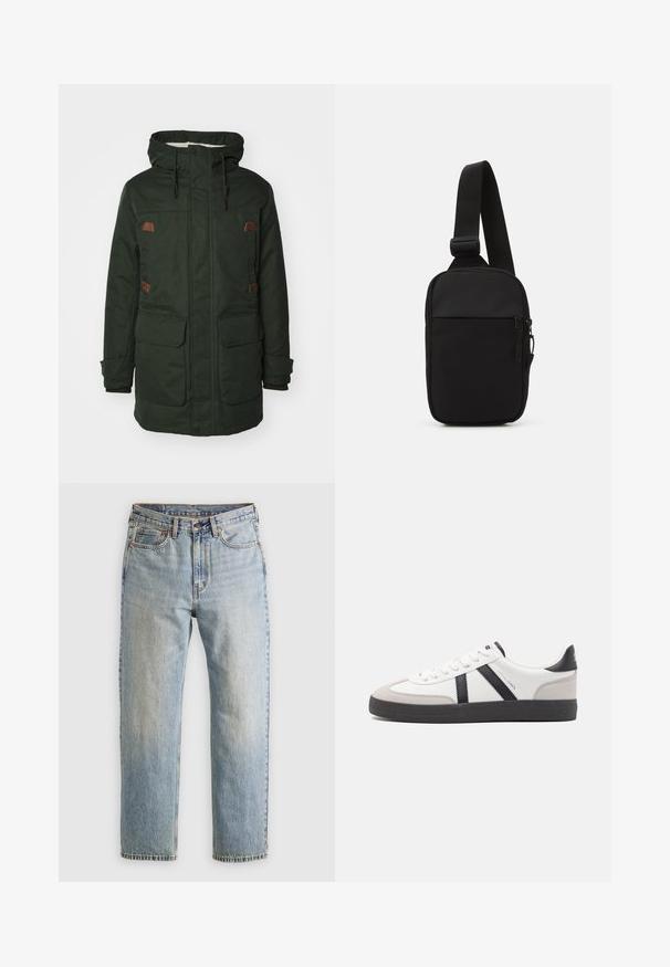 Parka imperméable verte avec une capuche doublée de fourrure, deux grandes poches avant, des accents en cuir marron et des cordons de serrage ajustables.; Pull en maille brun avec col polo, trois boutons au cou, et manches longues. Texture douce, poignets et ourlet à côtes.; Jean en denim bleu clair à taille haute, avec bouton avant, fermeture éclair et design à cinq poches, posé à plat sur un fond neutre.; Baskets blanches avec des accents noirs et gris, présentant un embout texturé gris, une semelle en caoutchouc noir et des lacets plats blancs. Design épuré, style minimaliste.; Sac bandoulière noir en tissu durable, avec une seule sangle ajustable, un compartiment principal zippé et une poche avant.