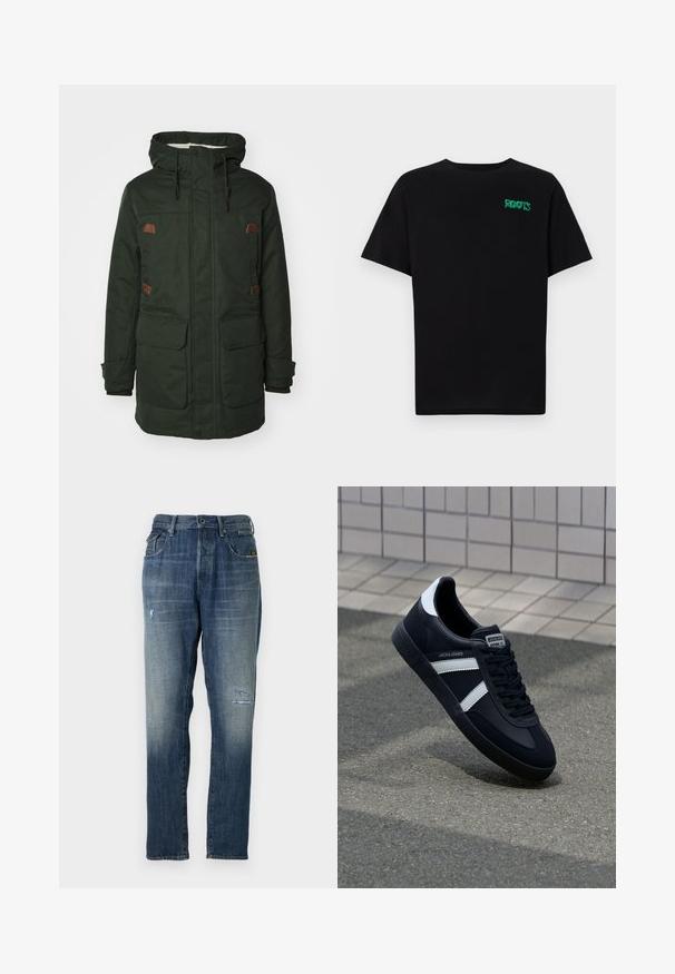 Zöld vízálló parka, szőrmebéléses kapucnival, két nagy elülső zsebbel,barna bőr részletekkel és állítható húzózsinórokkal.; Fekete, pamutból készült póló rövid ujjakkal. Elöl zöld "ROOTS" logóval, kerek nyakkivágással és normál szabással.; Fakó kék színű farmeregyenes szárú kialakítással, mérsékelt kopásokkal elöl, valamint klasszikus öt zsebes stílusban.; Fekete bőr sportcipő fehér csíkokkal, textúrált gumitalppal és fűzős elejével. A nyelvén márkás címke található.