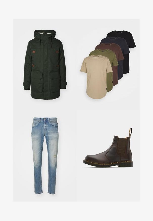 Zielony wodoodporny parka z kapturem wyłożonym futrem, dwoma dużymi przednimi kieszeniami, brązowymi skórzanymi akcentami i regulowanymi sznurkami.; Pięć koszulek ułożonych w gradientowych kolorach: beżowym, oliwkowym, brązowym, ciemnoniebieskim i czarnym. Wykonane z miękkiej bawełny, mają krótkie rękawy i okrągły dekolt.; Jasnoniebieskie dżinsy o wyblakłym wykończeniu, subtelnym przetarciu na kolanach, prostym kroju nogawki, pięciu kieszeniach i metalowym zapięciu.; Brązowy skórzany botek Chelsea z elastycznymi bocznymi panelami, teksturowanym obcasem i kontrastowym żółtym szwem. Wyposażony w pętelkę ułatwiającą zakładanie.