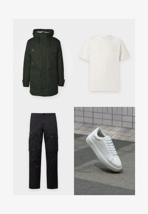 Parka verde impermeable con capucha forrada de piel, dos grandes bolsillos frontales, detalles de cuero marrón y cordones ajustables.; Camiseta blanca de manga corta en textura acanalada. Cuello redondo, corte relajado, sin patrones ni acentos visibles. Diseño simple y versátil.; Pantalones cargo negros con múltiples bolsillos, un bolsillo con cremallera en el muslo, corte recto y tejido de algodón resistente con un ligero brillo.; Zapatilla de cuero blanca con una superficie lisa, punta redonda y cordones blancos planos. Presenta una suela de goma texturizada y elementos de diseño mínimos.