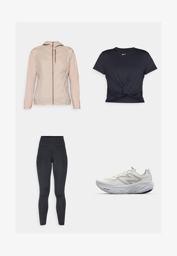 Salomon BONATTI CROSS - Running jacket - etherea; Black athletic t-shirt made of smooth fabric, featuring a knotted front design and a small white Nike logo on the chest.; High-waisted black leggings made of stretchy material, featuring a smooth texture and close-fitting design, with minimal stitching details.; White athletic shoes with a mesh upper, featuring a padded collar, textured sole, and the "Fresh Foam" branding on the midsole.