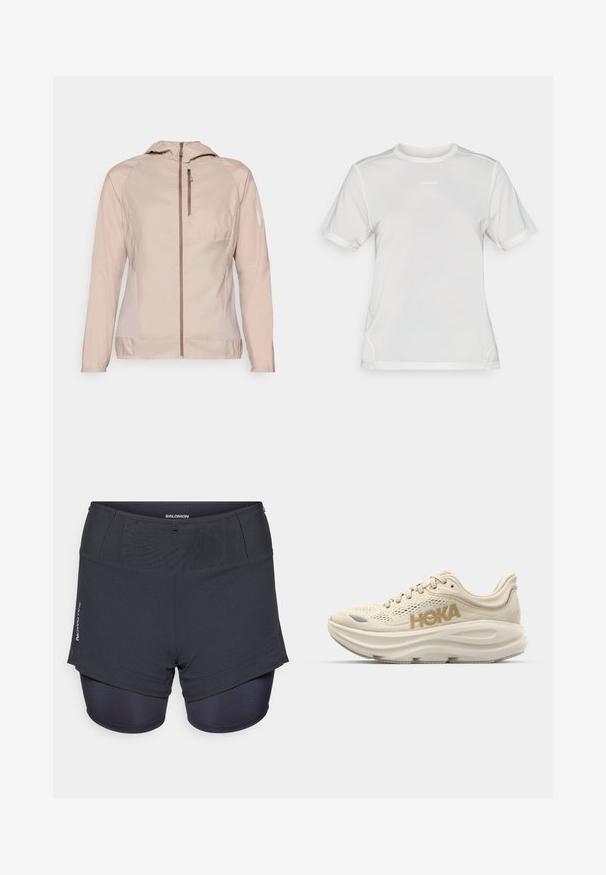 Salomon BONATTI CROSS - Laufjacke - etherea; Weißes kurzärmliges Sport-Mesh-Shirt mit Rundhalsausschnitt und kleinem "Salomon"-Logo auf der Brust.; Dunkelgraue Sportshorts mit einem inneren enganliegenden Futter, ausgestattet mit einer strukturierten Oberfläche und dem "Salomon"-Logo an der Seite.; Helle beige Laufschuhe mit Obermaterial aus Mesh, gepolstertem Kragen, hervorgehobenem "HOKA"-Logo in Gold und dicker, gepolsterter Sohle für Komfort.