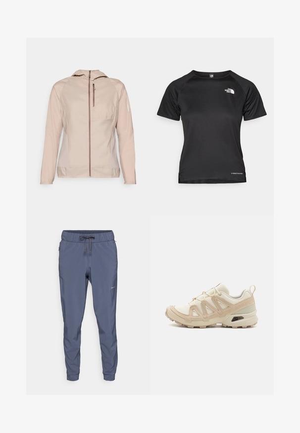 Salomon BONATTI CROSS - Chaqueta de running - etherea; Camiseta atlética negra de manga corta hecha de tejido ligero. Presenta un cuello redondo, un patrón texturizado y un logotipo blanco en la parte superior izquierda del pecho.; Patagonia TERREBONNE JOGGERS - Pantalones montañeros largos - smolder blue; Zapatilla deportiva beige y crema con parte superior de malla texturizada, superposiciones de soporte y suela de goma con un patrón de tracción.