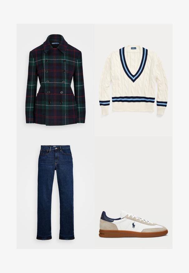 Polo Ralph Lauren Blazer - blackwatch multi; Cream cable-knit sweater with a V-neckline, featuring navy and light blue stripes on the collar and bottom hem.; Dark blue denim jeans with a straight-leg cut, featuring five pockets, copper stitching, and a classic button closure.; White and beige sneakers with a suede and leather upper, navy accents, and a brown rubber sole. Features logo on the side and lace-up design.