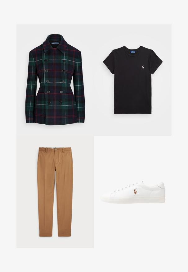 Polo Ralph Lauren Blazer - blackwatch multi; Black cotton t-shirt with a crew neckline, short sleeves, and a white embroidered logo on the left chest. Smooth texture, casual design.; Brown cotton trousers with a slim-fit design, flat front, and standard pockets; smooth texture and hemmed cuffs.; White leather sneakers, low-top design, featuring a smooth texture, round toe, laced front, and a small embroidered logo on the side.