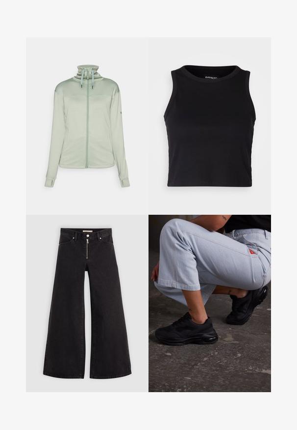 Svijetloplavi zip-up jakna od teksturiranog materijala, sa visokim ovratnikom, rupama za palčeve i trakama na kapuljači.; Crna rebrasta kratka majica bez rukava s okruglim izrezom. Izrađena od mekog, rastezljivog materijala, s urednim rubovima.; Široke traperice od crnog denima s prednjim zatvaračem, dizajnom s pet džepova i suptilnim detaljima šivanja. Glatka tekstura i ležeran stil.; Crne atletske tenisice s teksturiranom gornjom stranom, debelim potplatom i zračnim amortizerom. Uparene s svijetloplavim skraćenim hlačama u ležernom stavu.