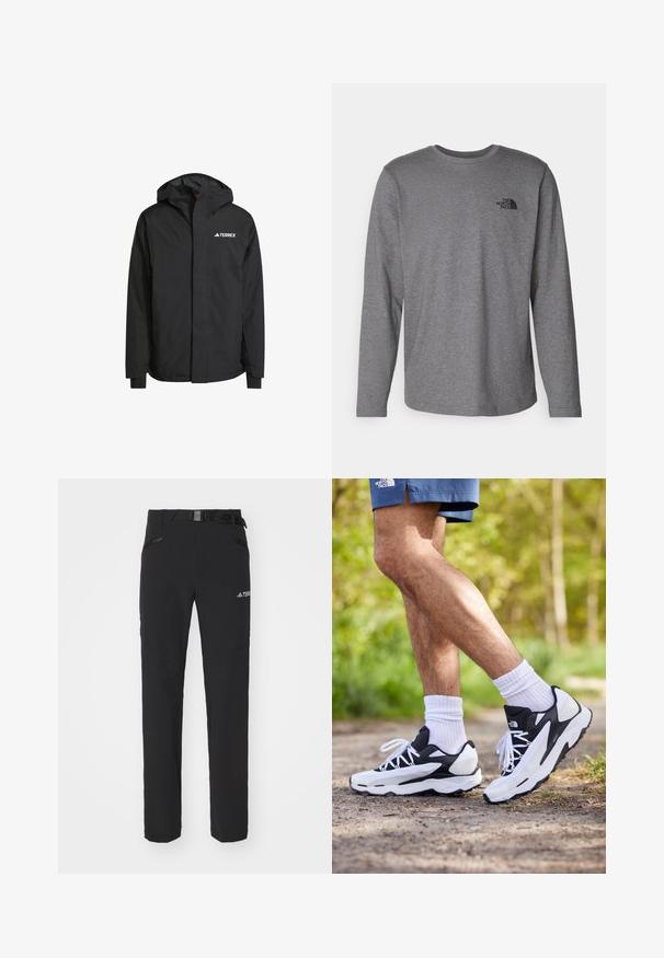 Black waterproof jacket with hood, zip closure, elastic cuffs, and logo on left chest. Smooth texture and regular fit.; The North Face M L/S SIMPLE DOME TEE - Long sleeved top - medium grey heather; Black outdoor pants with a smooth fabric, side zip pockets, reinforced knee sections, and an adjustable waistband featuring a buckle.; Black and white athletic shoes with mesh upper, textured accents, and white laces. Worn with white ankle socks and navy shorts on a path.