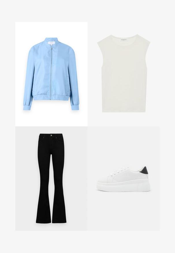 Casaco bomber azul claro, tecido suave, fecho de zipper, punhos e bainha canelados, com bolsos laterais, design simples sem padrões proeminentes.; Top branco sem mangas com decote redondo. Feito de um tecido liso, apresenta um corte descontraído e um design minimalista. Sem padrões ou detalhes.; Jeans pretos de cintura alta com fecho de botão e zíper, bolsos frontais e pernas largas dispostos em cima de um fundo branco.; Tênis plataforma brancos feitos de material sintético suave, apresentando ponta arredondada, design com cadarços e sola de borracha texturizada. Acento preto no calcanhar.