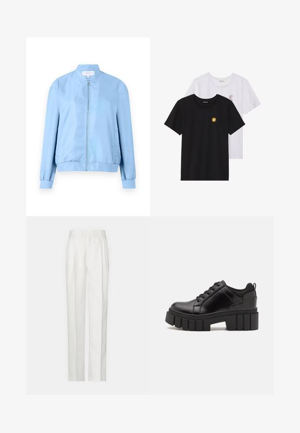 Svetlo modrá bomber bunda, hladký materiál, zips, rebrované manžety a lem, obsahuje bočné vrecká, jednoduchý dizajn bez výrazných vzorov.; Čierne a biele tričká, okrúhly výstrih, krátke rukávy. Čierne tričko má žltú výšivku slnka; biele má fialový mesiac ako akcent.; Biele pruhované nohavice so strihať priamym strihom, vyrobené z ľahkého materiálu. Obsahujú preklady vpredu a klasický pás.; Čierne kožené platformy s masívnym blokovým podpätkom, okrúhlou špičkou a tradičným šnurovaním. Má hladký povrch a minimálne detaily.